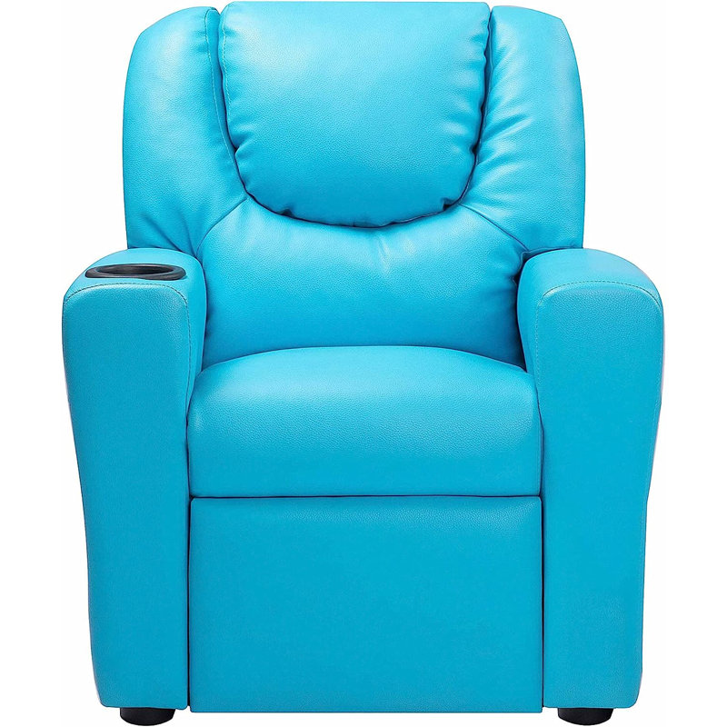 Roomy Kids' Recliner Chair with Cup Holder, Toddler Recliner With Push-Back Design, and Adjustable Footrest, Blue PVC
