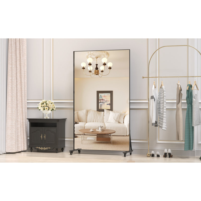 Grand miroir suspendu carré noir de 67 po x 40 po avec cadre en métal et roues mobiles, idéal pour la chambre à coucher, le salon, le plancher surdimensionné argenté haute définition à réglages multiples