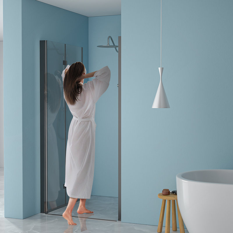 Porte de douche pliante sans cadre avec verre trempé l 34 po x H 72 po, 1/4 po (6 mm), noir mat, Noir