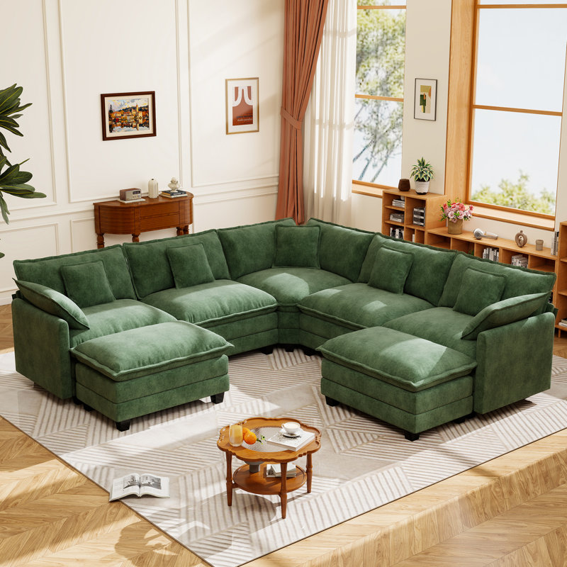 George 111.5" Modern 7 Seat Chenille L Shaped Modular Sectional Sofa With Two Ottomans, Green