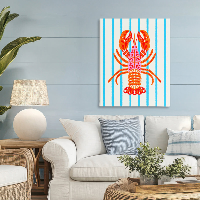 Homard boho vif sur toile rayée, design par Indira Prieto | IndySign, H 30 po x l 24 po