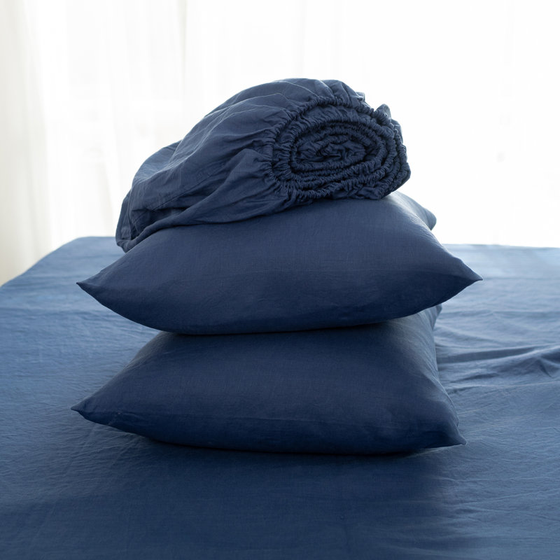 Four Piece Navy Blue Linen King Sheet Set, King Sheet Set + 2 Pillowcases