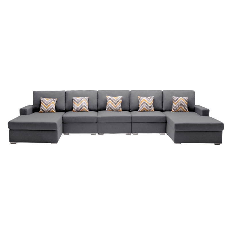 Canapé modulaire à méridienne double 5 pièces Latitude Run® avec coussins et pieds interchangeables, 100 % lin gris