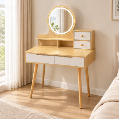 Bureau de maquillage avec 3 miroirs réglables à DEL, 4 tiroirs et 3 tablettes