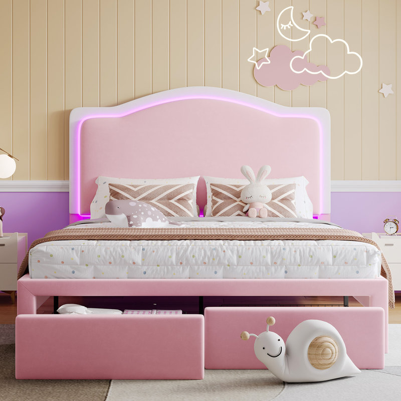 Cadres de lit à DEL Chaille avec tiroir de rangement, lit plateforme tapissier avec tête de lit réglable, Double, Rose