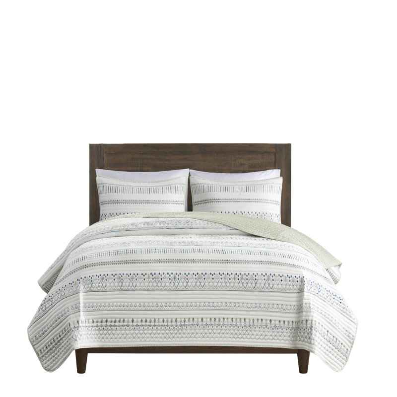 Fraser 3 Piece Printed Seersucker Quilt Set, Taupe/Blue, King Coverlet + 2 King Shams