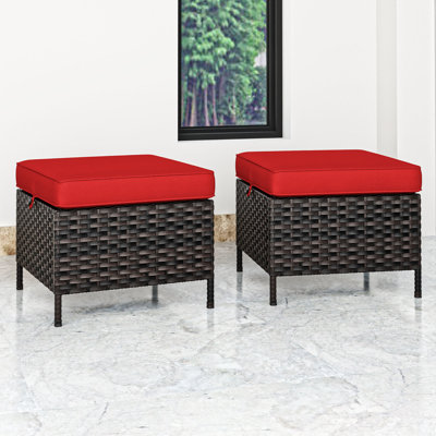 2-piece Outdoor Wicker Patio Ottomans With Cushions