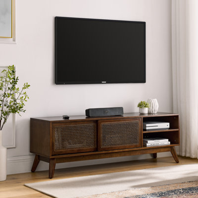 59 Inch Mid Century Modern Rattan TV Stand For 65 Inch TV Entertainment Cabinet Media Console
