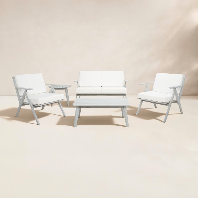 Jose Acacia 4 - Person Patio Conversation Set with Cushions, White, Gray
