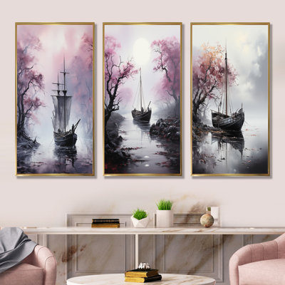 Mystic Pirate Boat Voyage I - Bateau d'art côtier, ensemble d'art mural sur 3