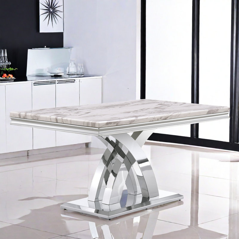 Collina Faux Marble Top Metal Base Dining Table, White/Gray/Silver