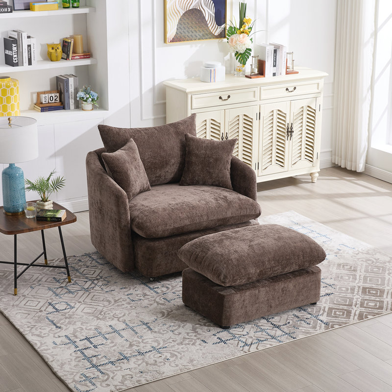 Fauteuil d'appoint pivotant surdimensionné rembourré avec repose-pieds, Tissu brun