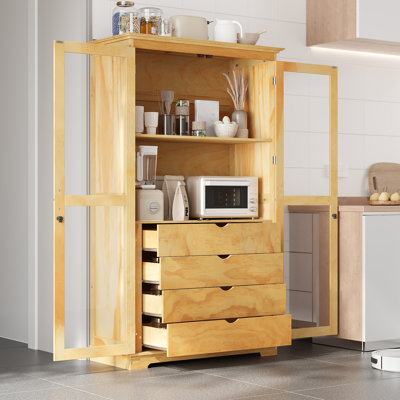 Kitchen Pantry, Freestanding Kitchen Storage Cabinet Display Cabinet With Glass Doors And 4 Built-In Drawers
