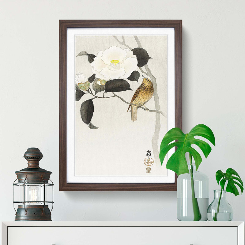 Songbird & Flowering Camellia by Ohara Koson - Picture Frame Painting Print, Walnut Framed, 65cm H x 48cm W x 2cm D
