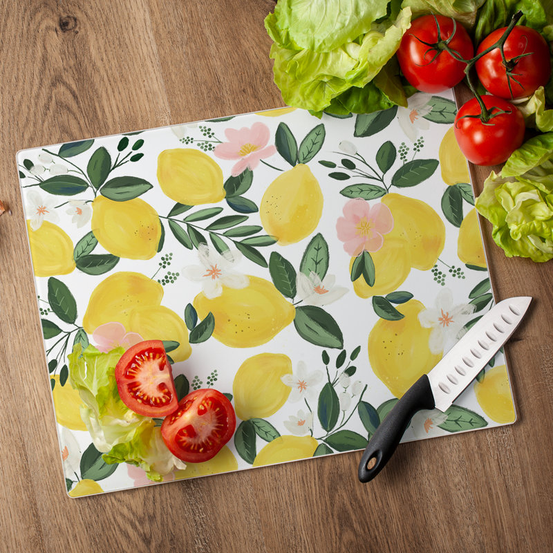 Lemon Vine Rectangular Tempered Glass Cutting Board 15" x 12"