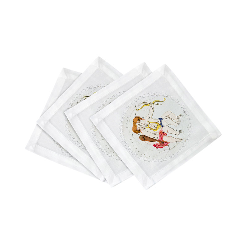 Zodiac Gemini Cotton Sateen Cocktail Napkins, White