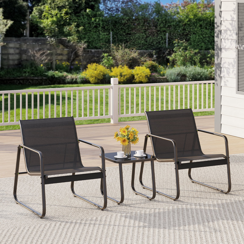 2 Person Outdoor Seating Set with Weather Resistant Frame and Durable Mesh Fabric 3 Piece Set, Black