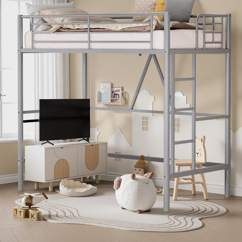 Loft Bed Twin Size With Built-In Ladder Full-Length Guardrails, Metal Slats Support Small Space Saving For Bedroom, Dorm, Teens, Or Small Apartments, Gray