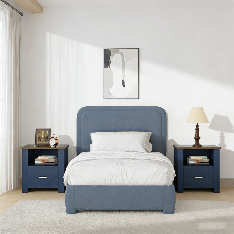 Ensemble de lit plateforme tapissier avec 2 tables de chevet fermées Boucle - Ensemble de chambre à coucher 3 pièces, Bleu