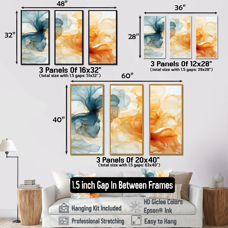 Encre orange et bleue - Collages abstraits, art mural, Cadre flottant noir, H 28 po x l 36 po x P 1 po