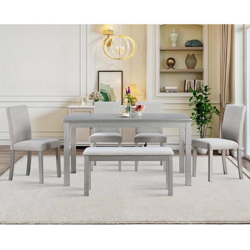 Farmhouse 6 Piece Dining Set Kitchen Table Set With Bench,,dining room set,dinning table set, Light Grey/Grey