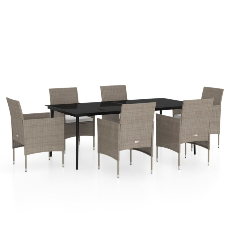Long Dining Set with Cushions, Cream Cushion/Beige Frame, 6, 29.1" H x 78.8" W x 39.4" D