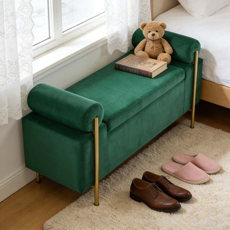 Banc de rangement en velours avec accoudoirs cylindriques et pieds en fer, Vert