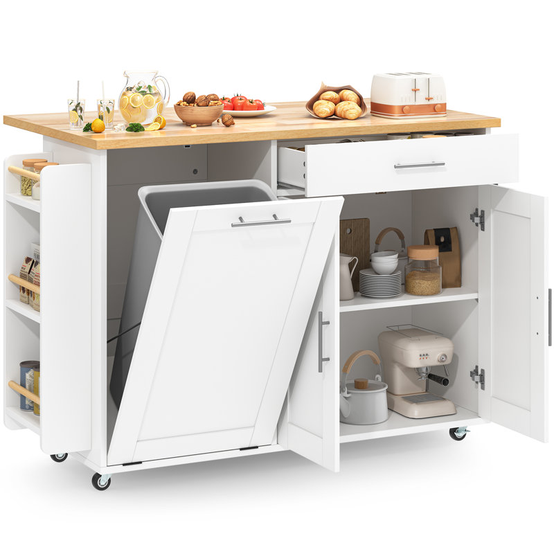 Portable Mobile Rolling Kitchen Island With Trash Can Storage Cabinet & Drop Leaf, Wheels Drawer Cabinet For 13 Gallon Garbage Bin