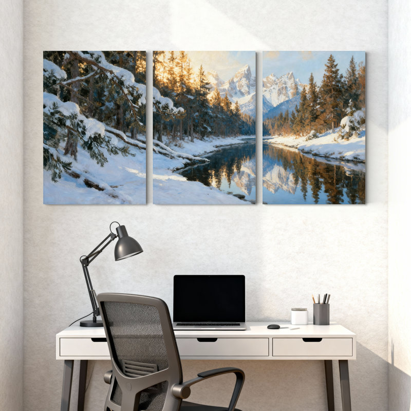 Forêt d'hiver, forêt enneigée, rivière, montagnes, paysage d'hiver, ensemble de 3 impressions sur toile, H 30 po x l 60 po