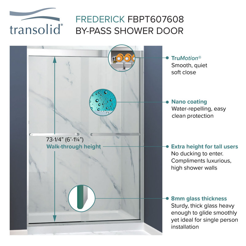 Frederick 45.75'' - 47'' W x 76'' H Bypass Semi-Frameless Shower Door with Frosted Glass, Nickel