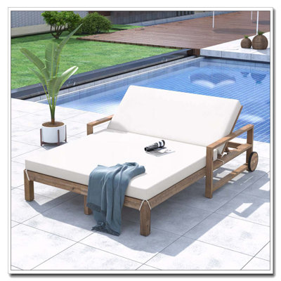 Acacia Wood Outdoor Daybed for Two with Wheels and Adjustable Backrest – Farmhouse Style