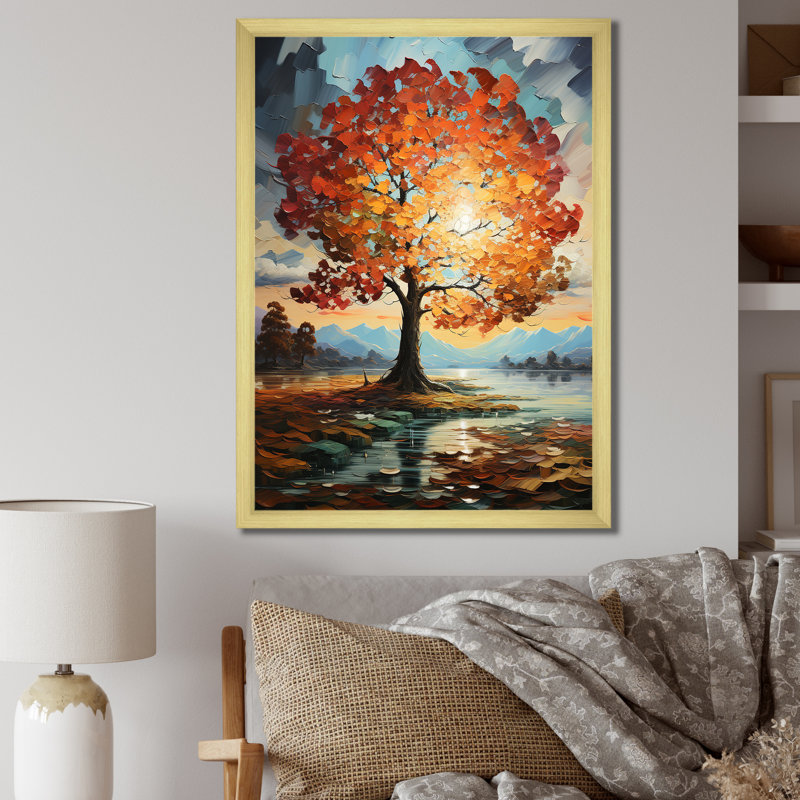 Orange, bleu sarcelle, érable majestueux, érable, art mural encadré, H 40 po x l 30 po x P 1,5 po, Cadre doré simple