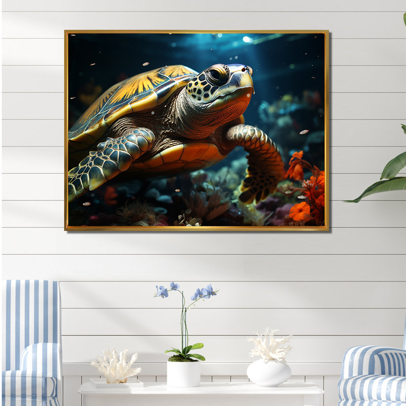 «Serene Turtle Underwaters III», reproduction sur toile, H 12 po x l 20 po x P 1 po, Cadre flottant doré