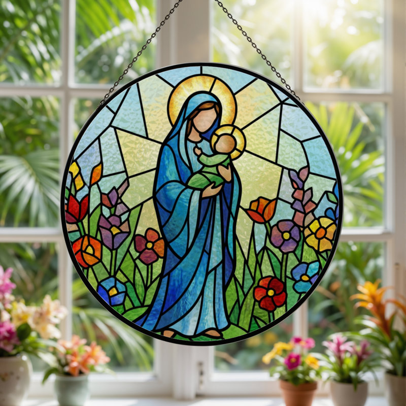 Panneau de vitrail 12 "H Vierge à l'enfant, H 12 po x l 12 po