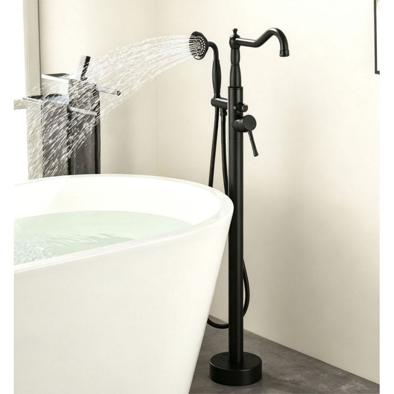 Robinet de baignoire autoportant à fixation au sol avec douche à main, Noir mat