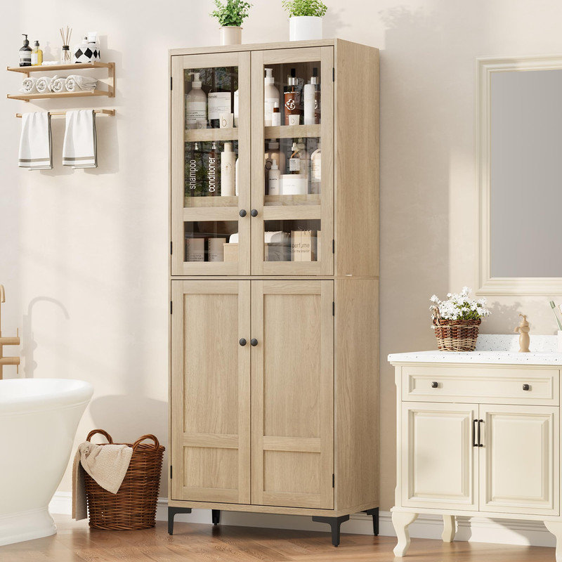 71-Inch Tall Storage Cabinet with Glass Doors and Adjustable Shelf - Multi-Use Organizer for Kitchen Pantry or Bathroom