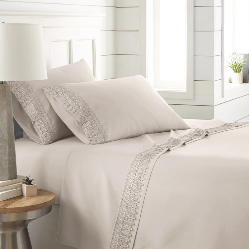 Jaquil Extra Deep Pocket Microfiber Sheet Set with Lace Hem, California King, Bone