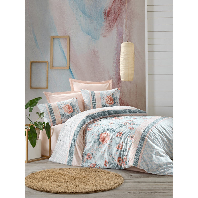 Ensemble de housse de couette 100% coton rose / bleu / blanc Alida