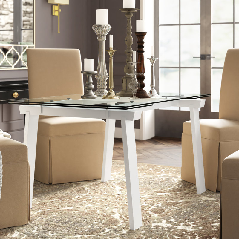 Levante Glass Extendable Table with Wooden Legs, Clear/Black, 30"H x 55.13"L x 35.5"W