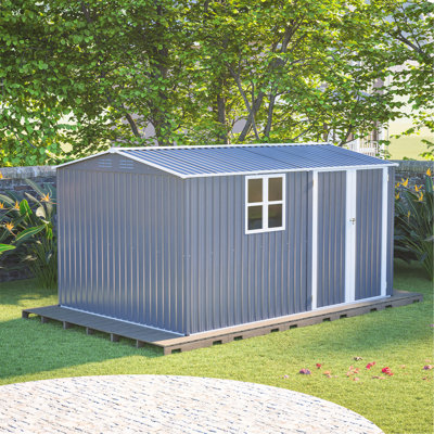 Remise de rangement extérieure 8 pi x 12 pi, bâtiment en acier très résistant XL avec fenêtre - avec portes à charnières grises et 4 bouches d'aération pour la cour, le jardin et le patio