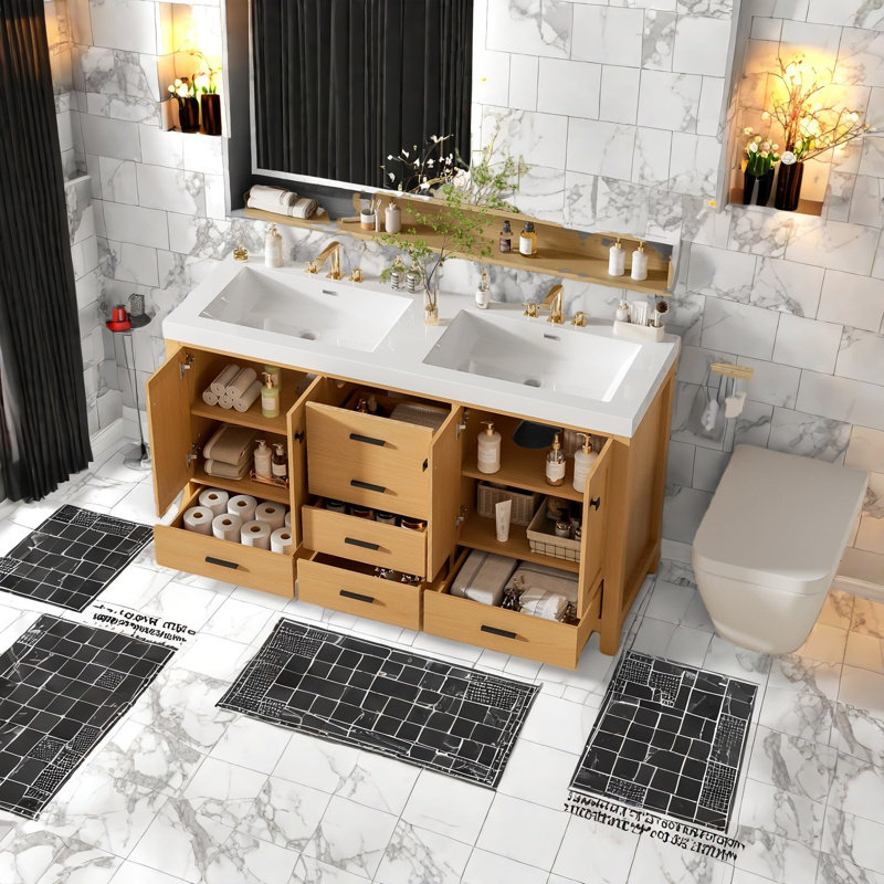 Meuble-lavabo spacieux et moderne en bois massif et deux lavabos pour une utilisation efficace dans la salle de bain