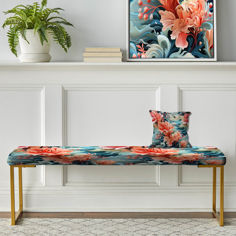 Upholstered Gold Bench, Coral Mirage