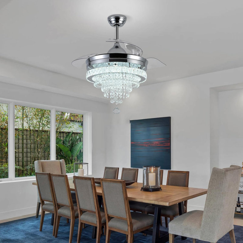 42" Crystal Fandelier Ceiling Fan With Light & Remote - Dimmable LED Retractable Invisible Blades, 6 Speeds, Memory Function, Chandelier Fan For Bedroom, Living Room, Dining Room