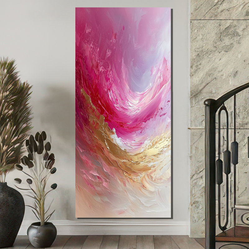 «Gold and Pink Ocean Ink Harmony II», peinture abstraite, art mural, H 60 po x l 28 po, Toile tendue, Ne s’applique pas