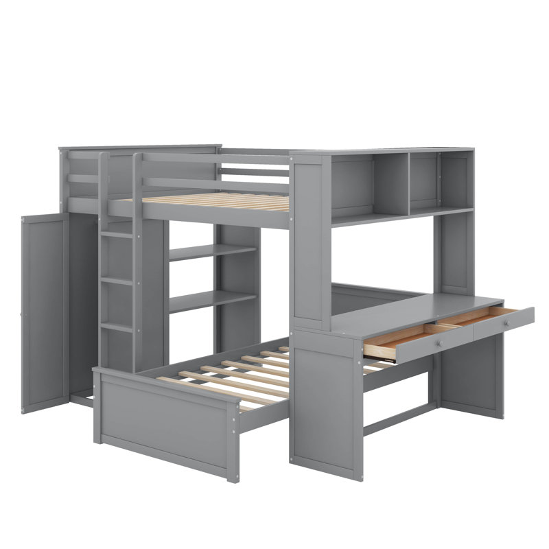 Lit mezzanine double avec lit autonome, armoire, bureau et tablettes, Gris