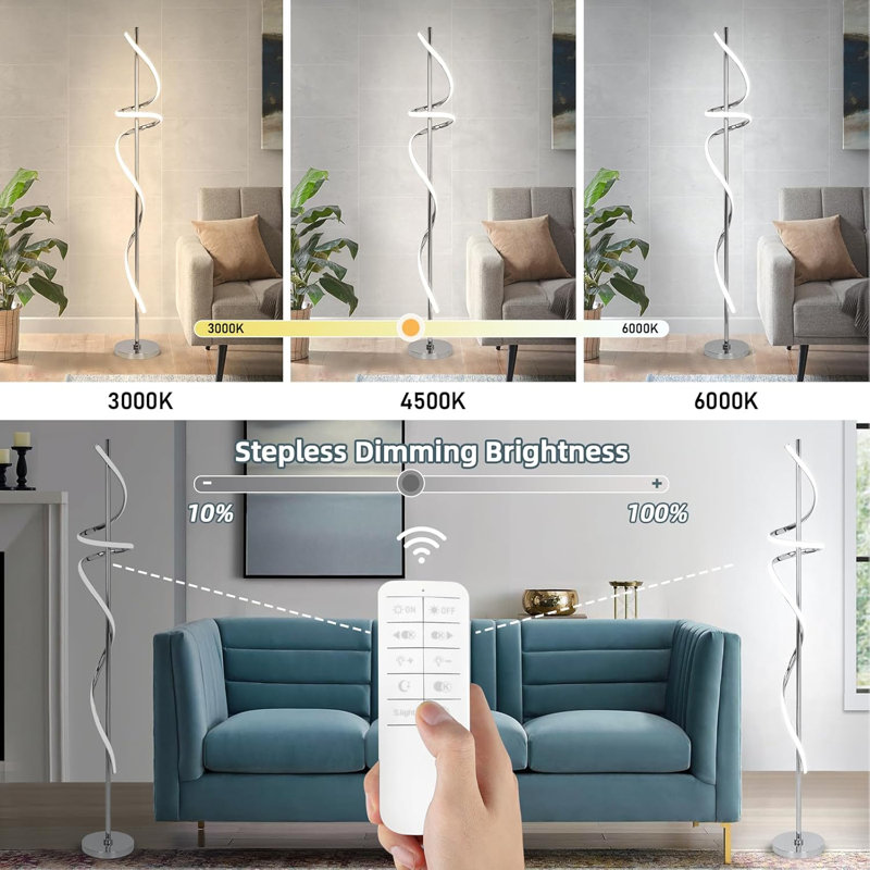 Dimmable LED Floor Lamp With Remote Control, 48W Spiral Standing Light For Living Room, 3 Color Temperatures, Adjustable Height Modern Floor Lamp For Bedroom, Home Office And Dining Room