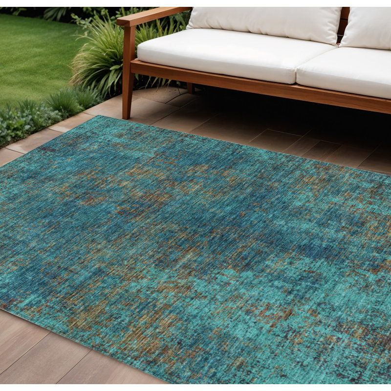 Tapis extérieur lavable abstrait bleu sarcelle 8 pi x 10 pi bleu marine et brun