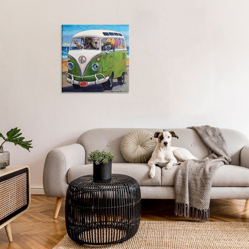 Dogs Driving Retro Van Summer Beach Trip, 30" H x 30" W 