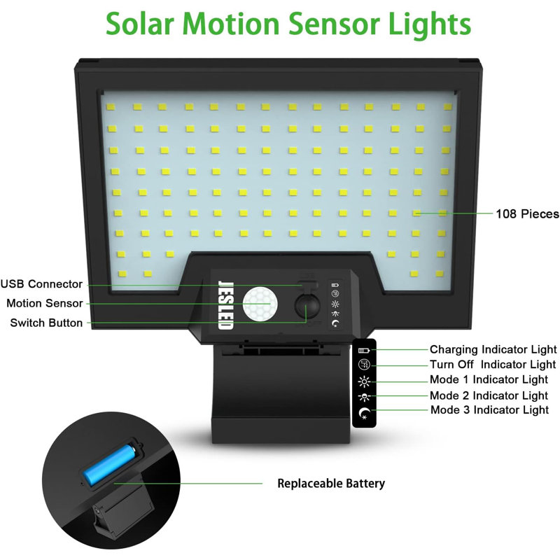  Éclairage solaire extérieur avec capteur de mouvement, lumières d'inondation de sécurité solaire à 108 lumières, panneau solaire rotatif, 4 modes d'éclairage, lumière murale imperméable IP65 pour garage de jardin (paquet de 2)