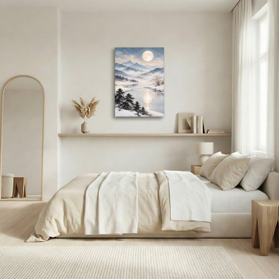 «Misty Snowy Mountains and River with Full Moon Reflection», art mural sur toile